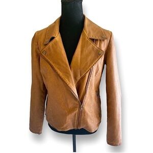BAGATELLE Faux Leather Cropped Moto Jacket Size Small Caramel Brown X-Co…